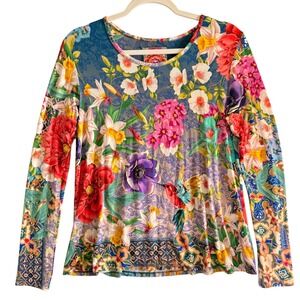 Johnny Was Sunrise Floral Long Sleeve Tee Hummingbird Top XS Bamboo R14620D-D